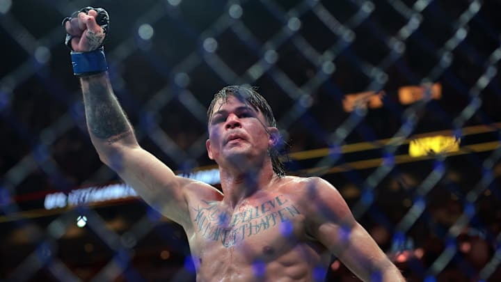 Diego Lopes reacts after fighting Alexander Volkanovski at UFC 314 at Kaseya Center. Diego Lopes reacts after fighting Alexander Volkanovski at UFC 314 at Kaseya Center.