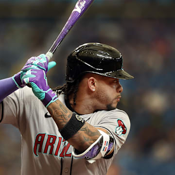 Aug 17, 2024; St. Petersburg, Florida, USA;  Arizona Diamondbacks designated hitter Ketel Marte (4) at bat with a detail bat with eyes for Players Weekend against the Tampa Bay Rays during the first inning at Tropicana Field. Mandatory Credit: Kim Klement Neitzel-Imagn Images