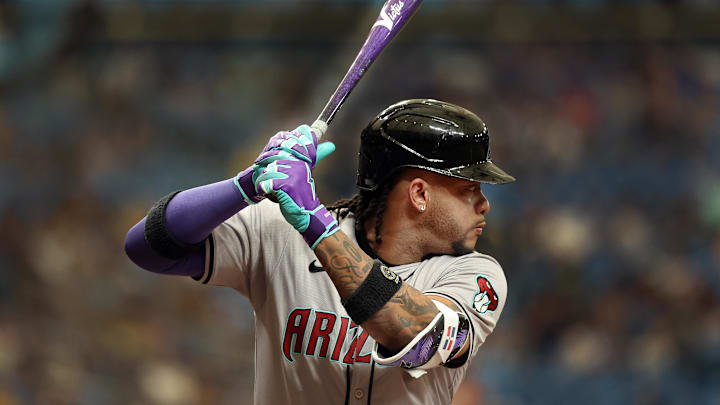 Aug 17, 2024; St. Petersburg, Florida, USA;  Arizona Diamondbacks designated hitter Ketel Marte (4) at bat with a detail bat with eyes for Players Weekend against the Tampa Bay Rays during the first inning at Tropicana Field. Mandatory Credit: Kim Klement Neitzel-Imagn Images