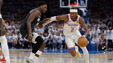 Oklahoma City Thunder guard Shai Gilgeous-Alexander drives against Minnesota Timberwolves guard Anthony Edwards in the fourth quarter during Game 1 of the Western Conference finals at Paycom Center in Oklahoma City on May 20, 2025.