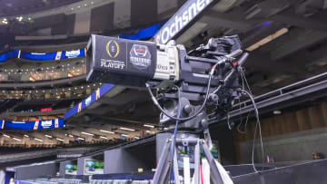Jan 1, 2024; New Orleans, LA, USA; A general view of an ESPN television camera with the College Football Playoff logo before the 2024 Sugar Bowl college football playoff semifinal game between the Texas Longhorns and the Washington Huskies at Caesars Superdome. Mandatory Credit: Stephen Lew-USA TODAY Sports