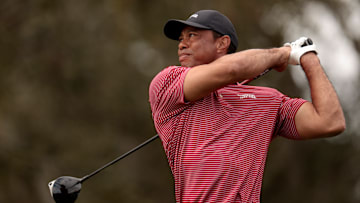 Tiger Woods tees off during the second round of the 2024 PNC Championship