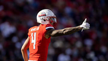 Oct 19, 2024; Tucson, Arizona, USA; Arizona Wildcats wide receiver Tetairoa McMillan (4) against the Colorado Buffalos at Arizona Stadium. Mandatory Credit: Mark J. Rebilas-Imagn Images