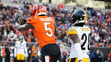 Bengals Tee Higgins (5) completes a pass for a touchdown during their game against the Steelers at Paycor Stadium on Sunday December 1, 2024. Steelers won the game with a final score of 44-38.