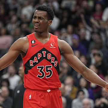 Jan 8, 2023; Toronto, Ontario, CAN; Toronto Raptors forward Christian Koloko (35) reacts after being called for a foul against the Portland Trail Blazers during the second half at Scotiabank Arena. Mandatory Credit: John E. Sokolowski-Imagn Images