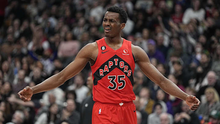 Jan 8, 2023; Toronto, Ontario, CAN; Toronto Raptors forward Christian Koloko (35) reacts after being called for a foul against the Portland Trail Blazers during the second half at Scotiabank Arena. Mandatory Credit: John E. Sokolowski-Imagn Images