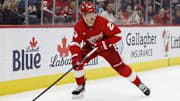 Jan 23, 2025; Detroit, Michigan, USA;  Detroit Red Wings left wing Lucas Raymond (23) skates with the puck in the second period against the Montreal Canadiens at Little Caesars Arena. Mandatory Credit: Rick Osentoski-Imagn Images