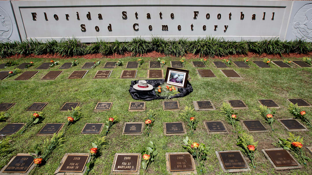 Former Florida State coach Bobby Bowden's hat, a portrait and flowers is displayed inside the sod cemetery on the FSU campus Friday, Aug. 13, 2021.
Fsu Sod Cemetery007 Former Florida State coach Bobby Bowden's hat, a portrait and flowers is displayed inside the sod cemetery on the FSU campus Friday, Aug. 13, 2021.
Fsu Sod Cemetery007