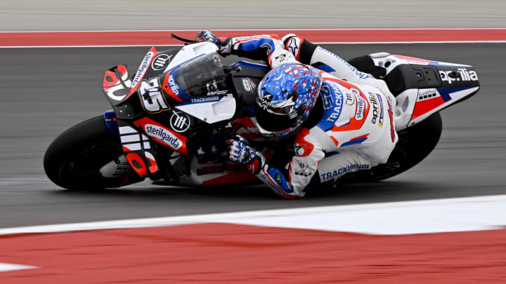 Apr 14, 2024; Austin, TX, USA; Raul Fernandez (25) of Spain and Trackhouse Racing rides in warmups before the start of the MotoGP Grand Prix of The Americas at Circuit of The Americas. Mandatory Credit: Jerome Miron-USA TODAY Sports