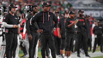 Sep 16, 2024; Philadelphia, Pennsylvania, USA; Atlanta Falcons head coach Raheem Morris on the sidelines during the second quarter against the Philadelphia Eagles at Lincoln Financial Field. Mandatory Credit: Eric Hartline-Imagn Images