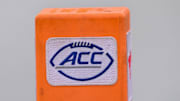 Sep 6, 2025; Dallas, Texas, USA; A view of the ACC logo on an end zone pylon during the game between the SMU Mustangs and the Baylor Bears at Gerald J. Ford Stadium. Mandatory Credit: Jerome Miron-Imagn Images