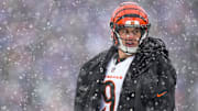 Cincinnati Bengals quarterback Joe Burrow (9) paces during an official review in the second quarter of the NFL Week 14 game between the Buffalo Bills and the Cincinnati Bengals at Highmark Stadium in Orchard Park, N.Y., on Sunday, Dec. 7, 2025.