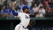 Sep 19, 2024; Arlington, Texas, USA; Texas Rangers pitcher Kumar Rocker (80) throws to the plate during the first inning against the Toronto Blue Jays at Globe Life Field. 