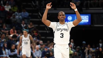 Feb 3, 2025; Memphis, Tennessee, USA; San Antonio Spurs guard Chris Paul (3) reacts during the first quarter against the Memphis Grizzlies at FedExForum. Mandatory Credit: Petre Thomas-Imagn Images