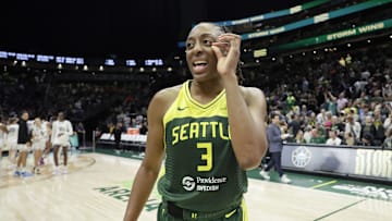 Jul 16, 2025; Seattle, Washington, USA; Seattle Storm forward Nneka Ogwumike (3) on the court after a win over the Golden State Valkyries at Climate Pledge Arena. Mandatory Credit: John Froschauer-Imagn Images