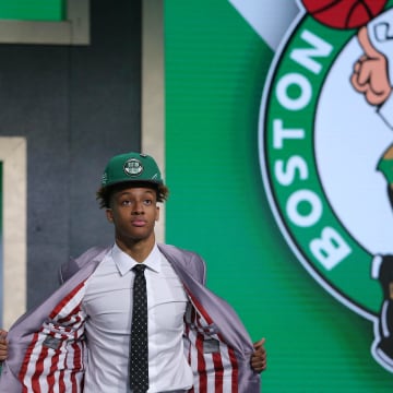 Jun 20, 2019; Brooklyn, NY, USA; Romeo Langford (Indiana) reacts on stage after being selected as the number fourteen overall pick to the Boston Celtics in the first round of the 2019 NBA Draft at Barclays Center. Mandatory Credit: Brad Penner-USA TODAY Sports