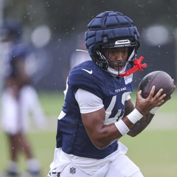 Jul 27, 2024; Houston, TX, USA; Houston Texans running back Jawhar Jordan (42) during training camp at Houston Methodist Training Center. Mandatory Credit: Troy Taormina-USA TODAY Sports