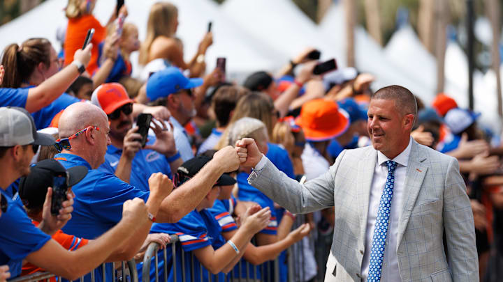 Aug 30, 2025; Gainesville, Florida, USA; Florida Gators head coach Billy Napier shakes during Gator Walk before a game against the Long Island Sharks at Ben Hill Griffin Stadium. Mandatory Credit: Matt Pendleton-Imagn Images
