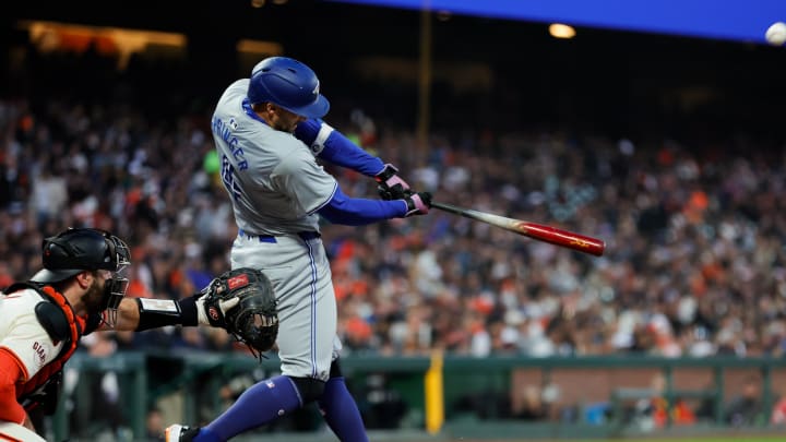 Toronto Blue Jays outfielder George Springer (4) hits a RBI double during the sixth inning against the San Francisco Giants at Oracle Park on July 10.