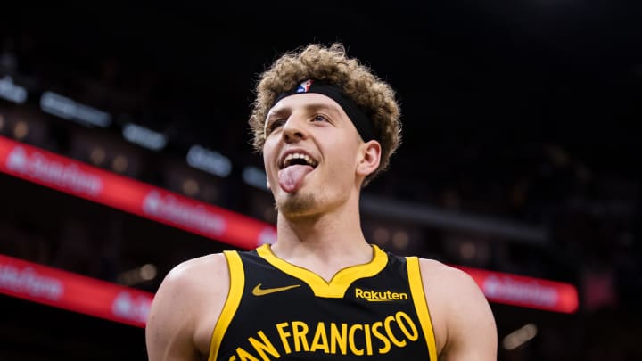 Nov 14, 2023; San Francisco, California, USA; Golden State Warriors guard Brandin Podziemski (2) reacts after hitting a three-point shot against the Minnesota Timberwolves during the second half at Chase Center. Mandatory Credit: John Hefti-USA TODAY Sports