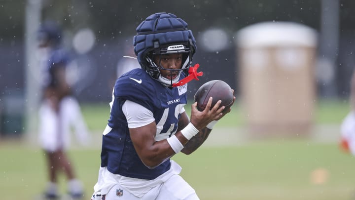 Jul 27, 2024; Houston, TX, USA; Houston Texans running back Jawhar Jordan (42) during training camp at Houston Methodist Training Center. Mandatory Credit: Troy Taormina-USA TODAY Sports