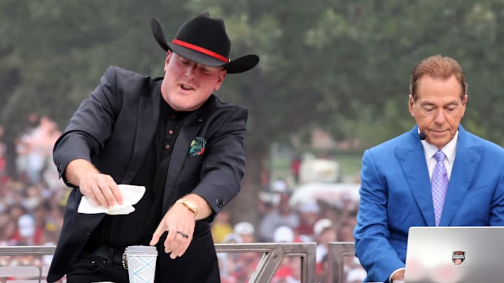 Pat McAfee takes the stage at ESPN College GameDay ahead of the University of Oklahoma-Michigan College football game on Sep 6, 2025 in Norman.