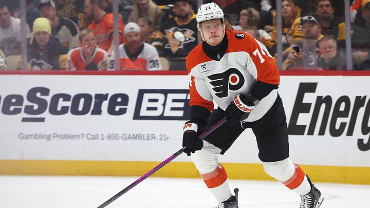 Apr 27, 2026; Pittsburgh, Pennsylvania, USA;  Philadelphia Flyers right wing Owen Tippett (74) handles the puck against the Pittsburgh Penguins during the second period in game five of the first round of the 2026 Stanley Cup Playoffs at PPG Paints Arena.