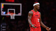 Nov 18, 2024; Miami, Florida, USA; Miami Heat forward Jimmy Butler (22) reacts against the Philadelphia 76ers during the third quarter at Kaseya Center. Mandatory Credit: Sam Navarro-Imagn Images