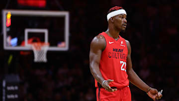 Nov 18, 2024; Miami, Florida, USA; Miami Heat forward Jimmy Butler (22) reacts against the Philadelphia 76ers during the third quarter at Kaseya Center. Mandatory Credit: Sam Navarro-Imagn Images