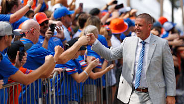 Aug 30, 2025; Gainesville, Florida, USA; Florida Gators head coach Billy Napier shakes during Gator Walk before a game against the Long Island Sharks at Ben Hill Griffin Stadium. Mandatory Credit: Matt Pendleton-Imagn Images
