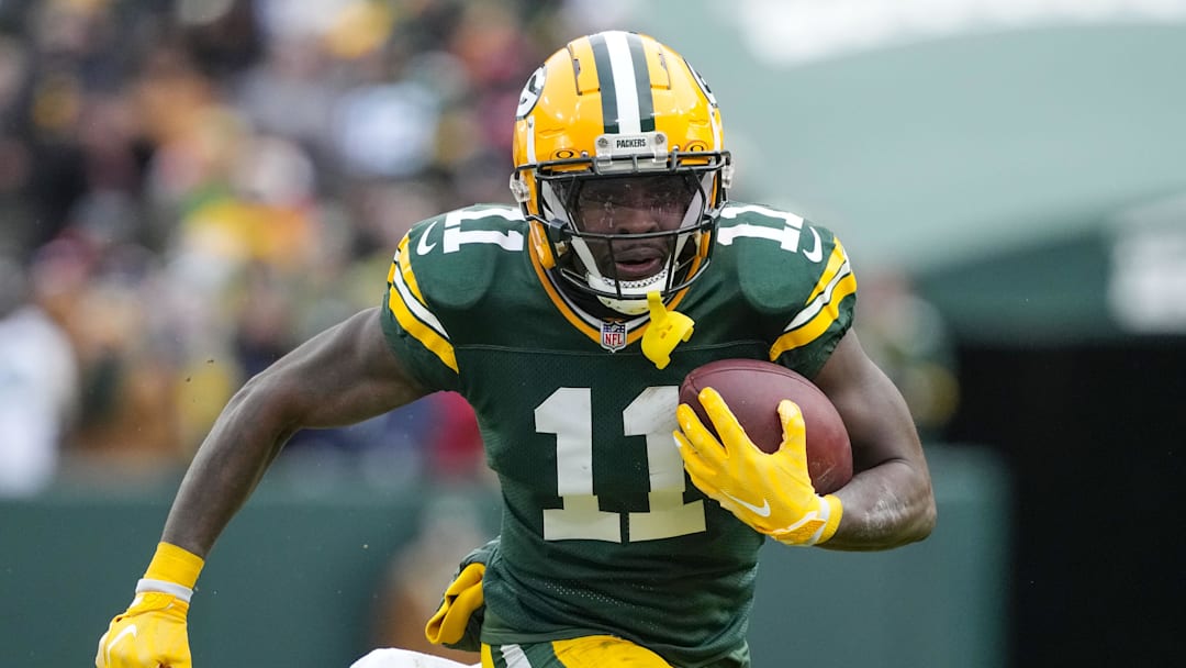 Jan 5, 2025; Green Bay, Wisconsin, USA;  Green Bay Packers wide receiver Jayden Reed (11) during the game against the Chicago Bears at Lambeau Field. Mandatory Credit: Jeff Hanisch-Imagn Images