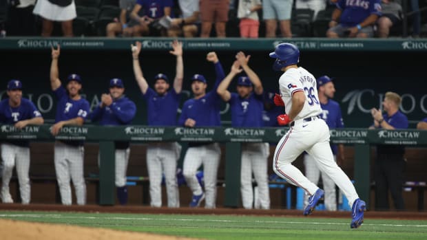 Jun 22, 2024; Arlington, Texas, USA; Texas Rangers left fielder Wyatt Langford (36) rounds the bases after hitting a grand slam home run in the eighth inning against the Kansas City Royals at Globe Life Field. Mandatory Credit: Tim Heitman-USA TODAY Sports