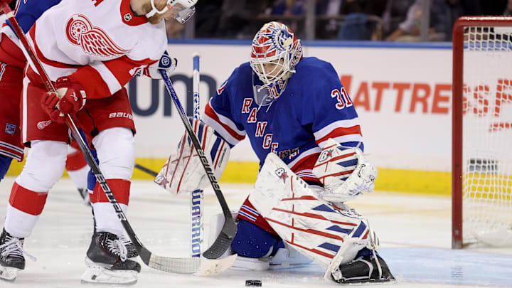 Nov 29, 2023; New York, New York, USA; New York Rangers goaltender Igor Shesterkin (31) makes a save against Detroit Red Wings center Andrew Copp (18) during the second period at Madison Square Garden. Mandatory Credit: Brad Penner-Imagn Images