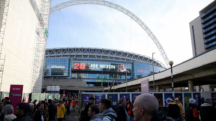 The Wembley Stadium arch is seen in the background as fans file into the outer concourse ahead of a Week 8 NFL game between the Cincinnati Bengals and the Los Angeles Rams, Sunday, Oct. 27, 2019, at Wembley Stadium in London, England.
Wembley Stadium Oct 26 The Wembley Stadium arch is seen in the background as fans file into the outer concourse ahead of a Week 8 NFL game between the Cincinnati Bengals and the Los Angeles Rams, Sunday, Oct. 27, 2019, at Wembley Stadium in London, England.
Wembley Stadium Oct 26
