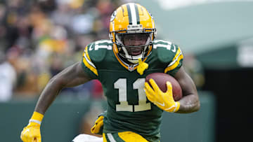 Jan 5, 2025; Green Bay, Wisconsin, USA;  Green Bay Packers wide receiver Jayden Reed (11) during the game against the Chicago Bears at Lambeau Field. Mandatory Credit: Jeff Hanisch-Imagn Images