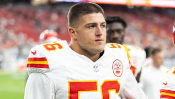 Aug 9, 2025; Glendale, Arizona, USA; Kansas City Chiefs defensive end George Karlaftis (56) against the Arizona Cardinals during a preseason NFL game at State Farm Stadium. Mandatory Credit: Mark J. Rebilas-Imagn Images