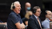 Television color commentator Bill Walton talks during the first half between the Stanford Cardinal and the USC Trojans.