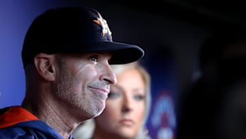 May 22, 2025; Houston, Texas, USA; Houston Astros manager Joe Espada (19) talks with the media in the dugout prior to the game against the Seattle Mariners at Daikin Park. Mandatory Credit: Erik Williams-Imagn Images