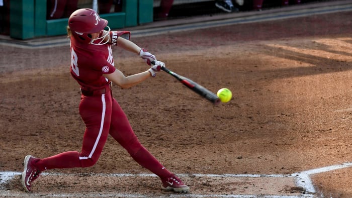 April 6, 2024; Tuscaloosa, Alabama, USA; Alabama batter Jenna Johnson (88) connects with a pitch at