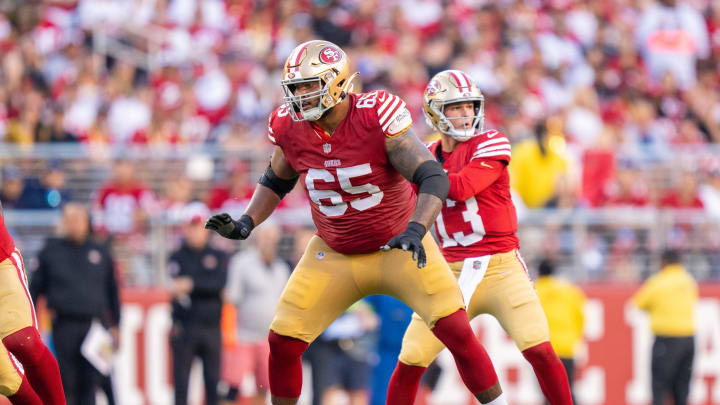 October 8, 2023; Santa Clara, California, USA; San Francisco 49ers guard Aaron Banks (65) during the first quarter against the Dallas Cowboys at Levi's Stadium. Mandatory Credit: Kyle Terada-USA TODAY Sports