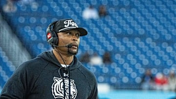 Tennessee State head coach Eddie George reacts watches the scoreboard during a timeout against Southeast Missouri State at Nissan Stadium in Nashville, Tenn., Saturday, Nov. 23, 2024.