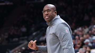 Oct 29, 2024; Salt Lake City, Utah, USA; Sacramento Kings head coach Mike Brown reacts to a play against the Utah Jazz during the first quarter at Delta Center. Mandatory Credit: Rob Gray-Imagn Images