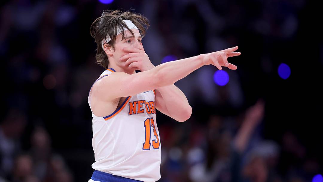 May 4, 2026; New York, New York, USA; New York Knicks guard Tyler Kolek (13) celebrates his three point shot against the Philadelphia 76ers during the fourth quarter of game one of the eastern conference semifinal round of the 2026 NBA Playoffs at Madison Square Garden. Mandatory Credit: Brad Penner-Imagn Images