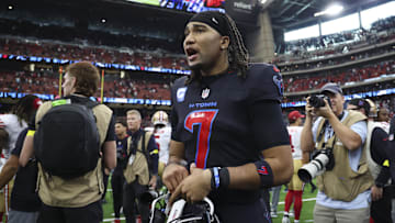 Oct 26, 2025; Houston, Texas, USA; Houston Texans quarterback C.J. Stroud (7) reacts on the field after the game against the San Francisco 49ers at NRG Stadium. Mandatory Credit: Troy Taormina-Imagn Images