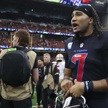 Oct 26, 2025; Houston, Texas, USA; Houston Texans quarterback C.J. Stroud (7) reacts on the field after the game against the San Francisco 49ers at NRG Stadium. Mandatory Credit: Troy Taormina-Imagn Images