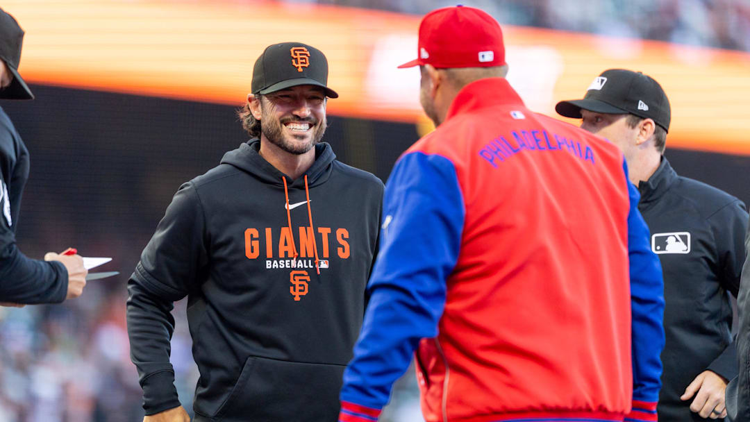 Tony Vitello reacts before the game against the Philadelphia Phillies at Oracle Park.