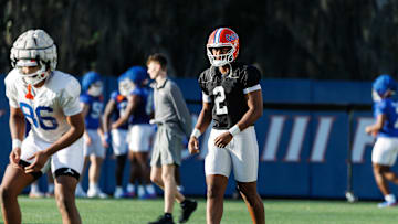 Florida Gators quarterback DJ Lagway (2) watches from the back of the play during spring football practice at Heavener Football Complex at the University of Florida in Gainesville, FL on Thursday, March 6, 2025. [Matt Pendleton/Gainesville Sun]