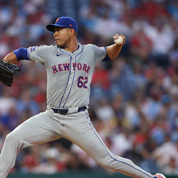 Sep 13, 2024; Philadelphia, Pennsylvania, USA; New York Mets pitcher Jose Quintana (62) throws a pitch during the first inning against the Philadelphia Phillies at Citizens Bank Park. Mandatory Credit: Bill Streicher-Imagn Images