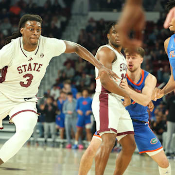 Feb 11, 2025; Starkville, Mississippi, USA; Mississippi State Bulldogs forward KeShawn Murphy (3) drives against the Florida Gators during the second half at Humphrey Coliseum. Mandatory Credit: Wesley Hale-Imagn Images