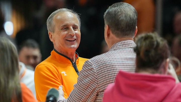 Tennessee head basketball coach Rick Barnes and Arkansas head basketball coach John Calipari shake hands before a college basketball game between Tennessee and Arkansas held at Thompson-Boling Arena at Food City Center in Knoxville, Tenn., on Saturday, January 4, 2025.